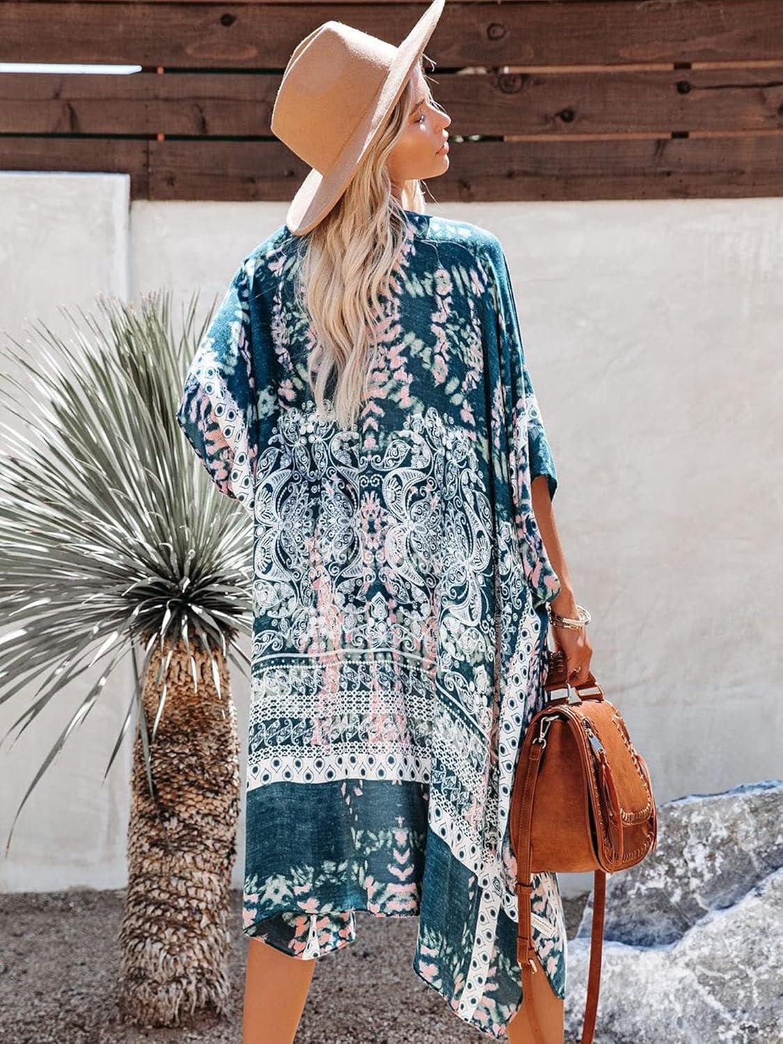 imageMoss Rose Womens Beach Cover up Swimsuit Kimono with Bohemian Floral Print Loose Casual Resort WearA Color31