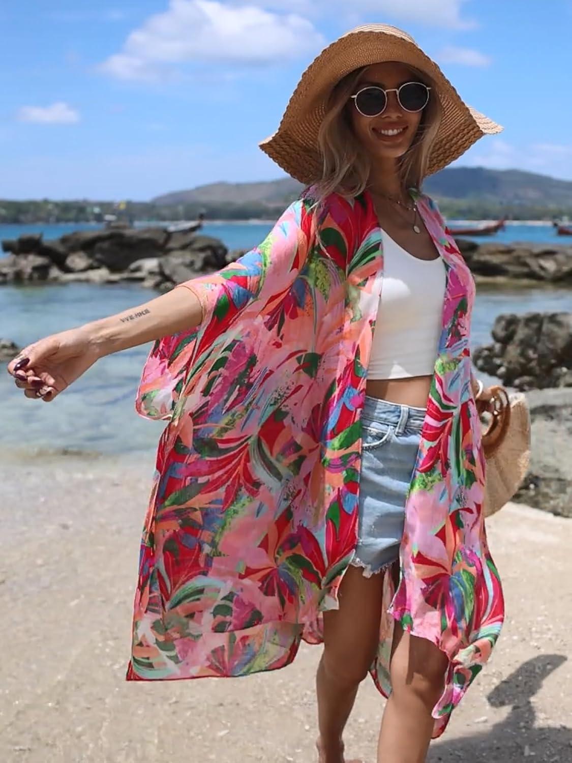 imageMoss Rose Womens Beach Cover up Swimsuit Kimono with Bohemian Floral Print Loose Casual Resort WearB Multicolor 5