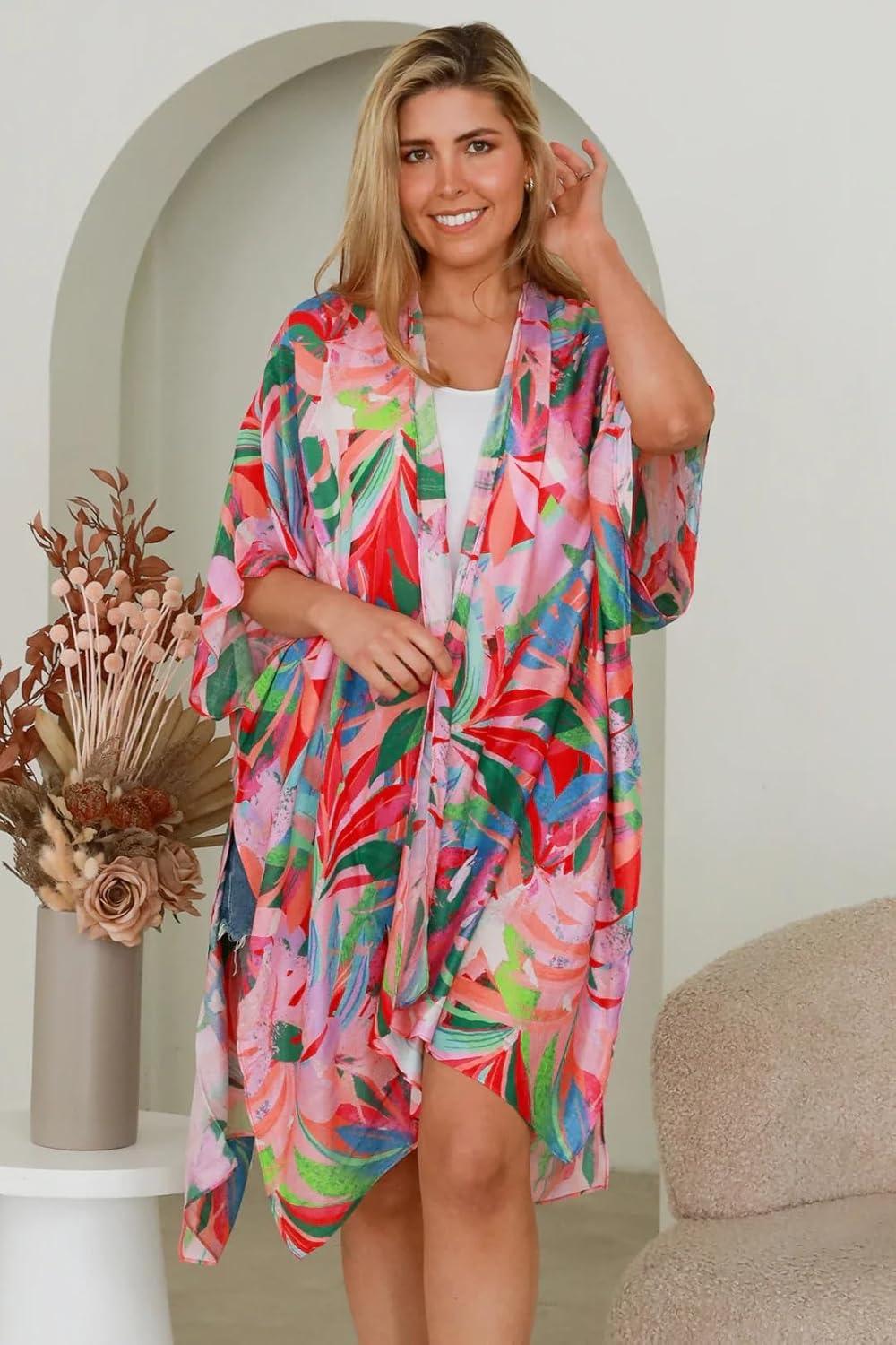 imageMoss Rose Womens Beach Cover up Swimsuit Kimono with Bohemian Floral Print Loose Casual Resort WearB Multicolor 5