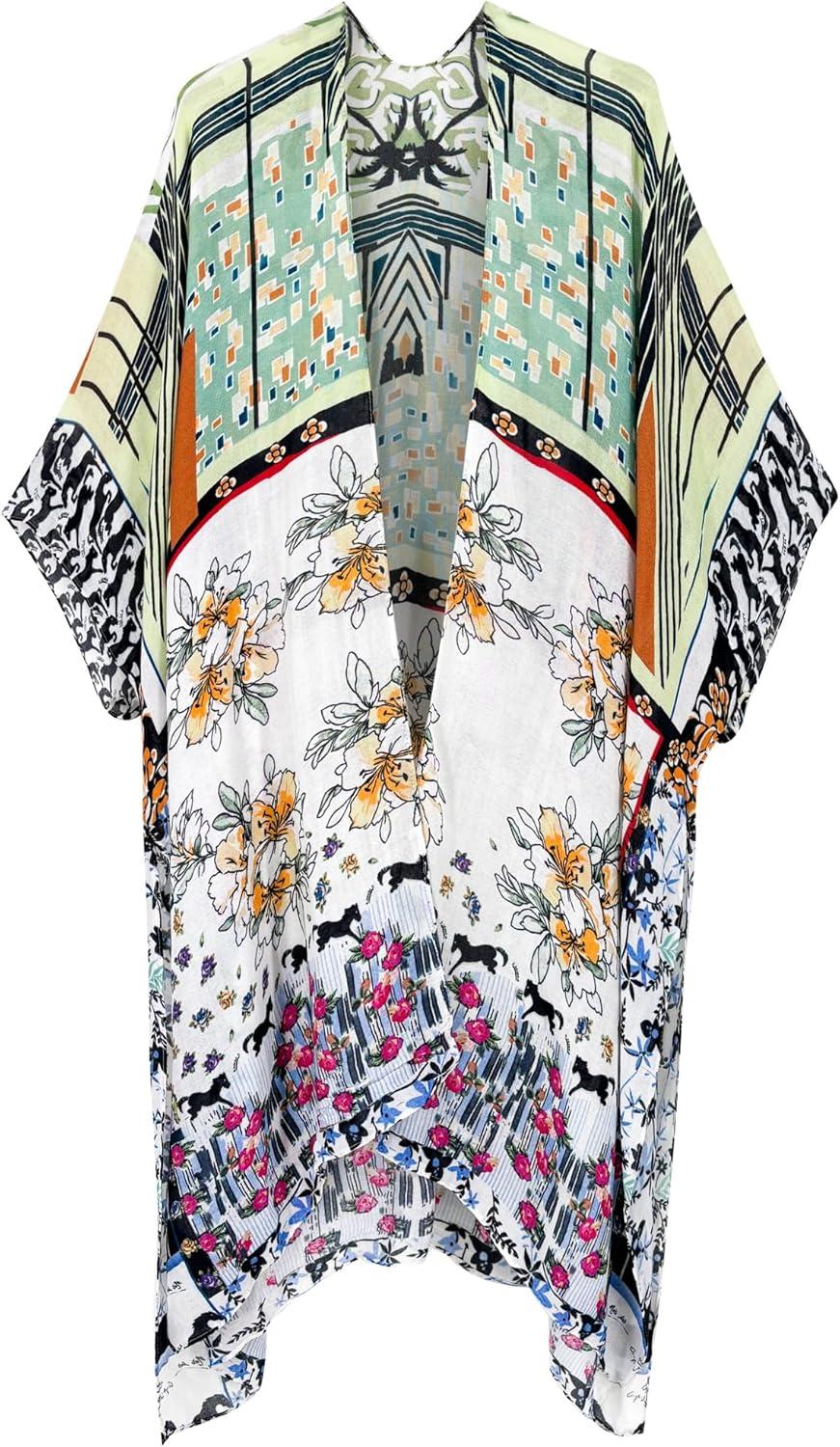 imageMoss Rose Womens Beach Cover up Swimsuit Kimono with Bohemian Floral Print Loose Casual Resort WearB Multicolored
