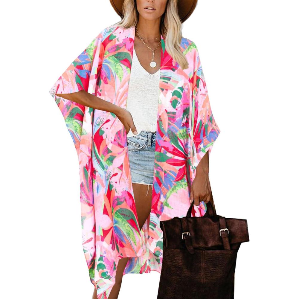 imageMoss Rose Womens Beach Cover up Swimsuit Kimono with Bohemian Floral Print Loose Casual Resort WearB Multicolor 5