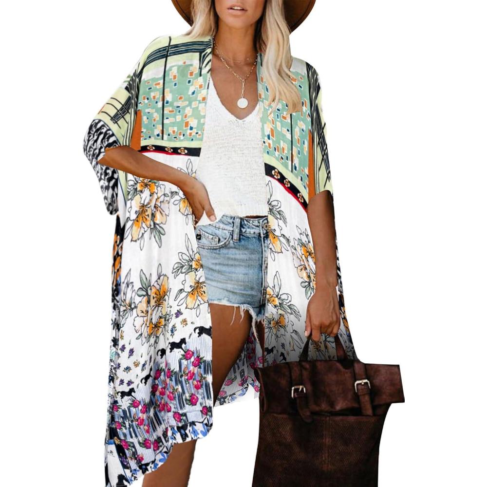 imageMoss Rose Womens Beach Cover up Swimsuit Kimono with Bohemian Floral Print Loose Casual Resort WearB Multicolored