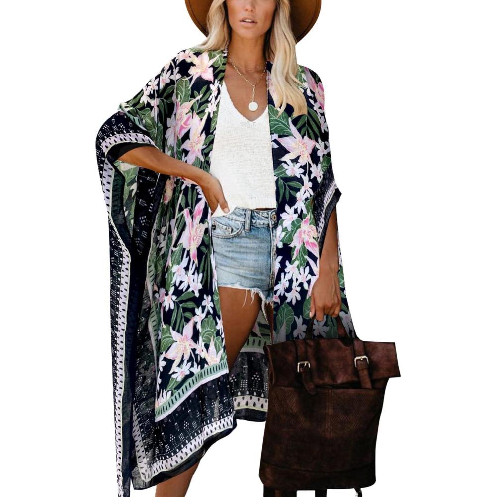 imageMoss Rose Womens Beach Cover up Swimsuit Kimono with Bohemian Floral Print Loose Casual Resort WearColor 72