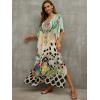 imageMoss Rose Women Summer Caftan Coverups Dress Kimono Beach Vacation Wear V Neck Print Maxi Boho DressZ Colorful 5