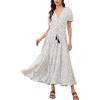 imageMoss Rose Womens Casual V Neck Boho Dress Puff Short Sleeve High Waist Floral Flowy Long DressesWhite