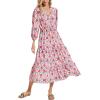 imageMoss Rose Womens Spring Summer Maxi Dresses V Neck 34 Sleeve Floral Flowy Swing Boho Long DressRed