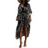 imageMoss Rose Women Summer Caftan Kimono Cardigan Open Fron Swimsuit Kaftan Maxi Beach Vacation Clothes with BeltAblack