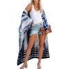 imageMoss Rose Women Summer Caftan Kimono Cardigan Open Fron Swimsuit Kaftan Maxi Beach Vacation Clothes with BeltBwhite Blue