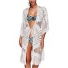 imageMoss Rose Womens Bathing Suit Cover Up 34 Sleeve Mesh Swimsuit Coverup Long Floral Beach Lace Kimono CardiganWhite
