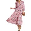 imageMoss Rose Womens Spring Summer Maxi Dresses V Neck 34 Sleeve Floral Flowy Swing Boho Long DressRed