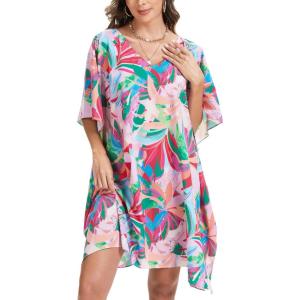 imageMoss Rose Beach Kaftan Dresses for Women V Neck Summer Swimsuit Cover up Beach Vacation ClothingPink