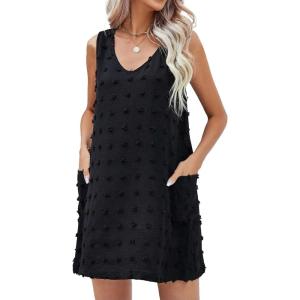 imageMoss Rose Beach Vacation Clothes for Women Sundresses Swiss Polka Dot Beach Cover Up V Neck Tank Dress with PocketsBlack