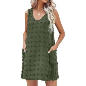 imageMoss Rose Beach Vacation Clothes for Women Sundresses Swiss Polka Dot Beach Cover Up V Neck Tank Dress with PocketsGreen