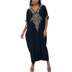 imageMoss Rose Caftan Coverup Dresses for Women V Neck Summer Swimsuit Kaftan Plus Size Maxi Beach Vacation ClothesAbblack