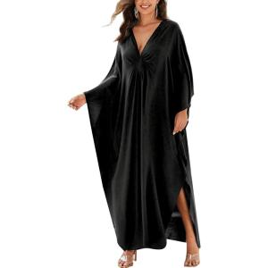imageMoss Rose Caftan Coverup Dresses for Women V Neck Summer Swimsuit Kaftan Plus Size Maxi Beach Vacation ClothesAblack