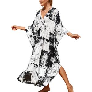 imageMoss Rose Caftan Coverup Dresses for Women V Neck Summer Swimsuit Kaftan Plus Size Maxi Beach Vacation ClothesBblack