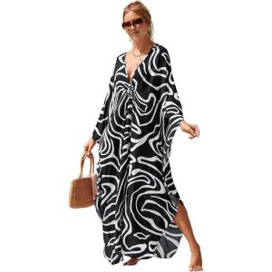 imageMoss Rose Caftan Coverup Dresses for Women V Neck Summer Swimsuit Kaftan Plus Size Maxi Beach Vacation ClothesBblack White