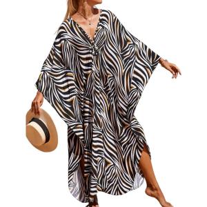 imageMoss Rose Caftan Coverup Dresses for Women V Neck Summer Swimsuit Kaftan Plus Size Maxi Beach Vacation ClothesBblack Zebra