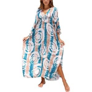 imageMoss Rose Caftan Coverup Dresses for Women V Neck Summer Swimsuit Kaftan Plus Size Maxi Beach Vacation ClothesBblue Brown
