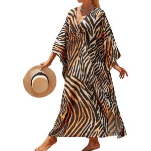 imageMoss Rose Caftan Coverup Dresses for Women V Neck Summer Swimsuit Kaftan Plus Size Maxi Beach Vacation ClothesBbrown Zebra