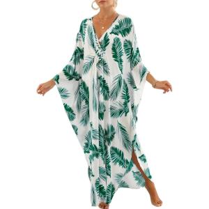 imageMoss Rose Caftan Coverup Dresses for Women V Neck Summer Swimsuit Kaftan Plus Size Maxi Beach Vacation ClothesBgreen Leaf