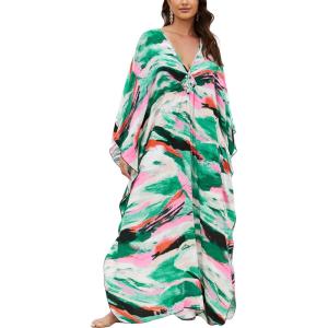 imageMoss Rose Caftan Coverup Dresses for Women V Neck Summer Swimsuit Kaftan Plus Size Maxi Beach Vacation ClothesBgreen Pink