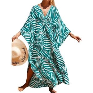 imageMoss Rose Caftan Coverup Dresses for Women V Neck Summer Swimsuit Kaftan Plus Size Maxi Beach Vacation ClothesBgreen Zebra