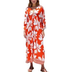 imageMoss Rose Caftan Coverup Dresses for Women V Neck Summer Swimsuit Kaftan Plus Size Maxi Beach Vacation ClothesBorange White