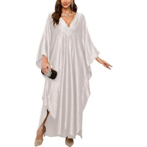 imageMoss Rose Caftan Coverup Dresses for Women V Neck Summer Swimsuit Kaftan Plus Size Maxi Beach Vacation ClothesCwhite
