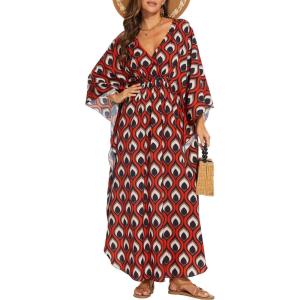 imageMoss Rose Kaftan Dresses for Women V Neck Summer Swimsuit Cover up Caftan Maxi Beach DressesAblack Flower