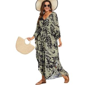 imageMoss Rose Kaftan Dresses for Women V Neck Summer Swimsuit Cover up Caftan Maxi Beach DressesAblack Green
