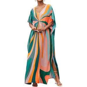 imageMoss Rose Kaftan Dresses for Women V Neck Summer Swimsuit Cover up Caftan Maxi Beach DressesAbutterfly