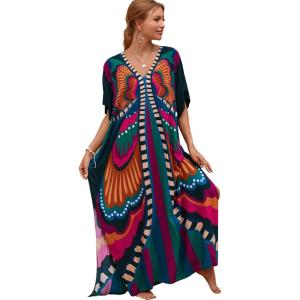imageMoss Rose Kaftan Dresses for Women V Neck Summer Swimsuit Cover up Caftan Maxi Beach DressesAcolorful 1