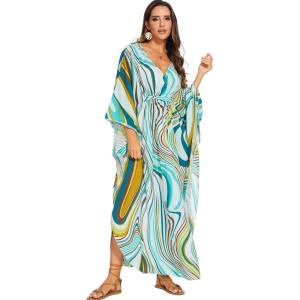 imageMoss Rose Kaftan Dresses for Women V Neck Summer Swimsuit Cover up Caftan Maxi Beach DressesAgreen Print