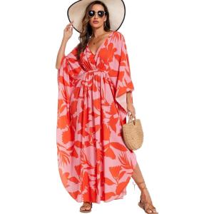 imageMoss Rose Kaftan Dresses for Women V Neck Summer Swimsuit Cover up Caftan Maxi Beach DressesAred
