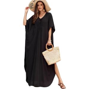 imageMoss Rose Kaftan Dresses for Women V Neck Summer Swimsuit Cover up Caftan Maxi Beach DressesCblack