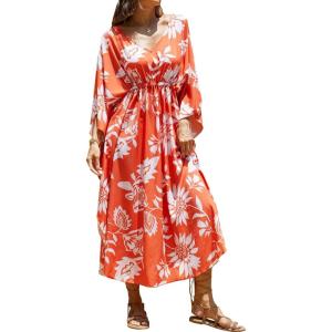 imageMoss Rose Kaftan Dresses for Women V Neck Summer Swimsuit Cover up Caftan Maxi Beach DressesD Orange Red