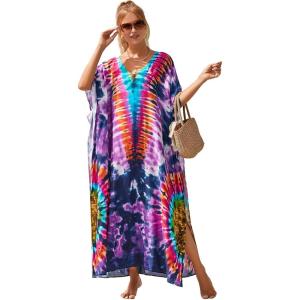 imageMoss Rose Kaftan Dresses for Women V Neck Summer Swimsuit Cover up Caftan Maxi Beach DressesE Purple Floral