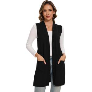 imageMoss Rose Long Vest for Women Sleeveless Cardigans Ribbed Knit Outwear with Belt and PocketsBlack