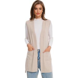 imageMoss Rose Long Vest for Women Sleeveless Cardigans Ribbed Knit Outwear with Belt and PocketsKhaki