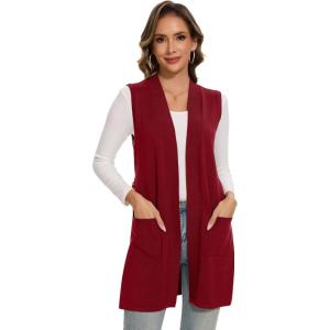 imageMoss Rose Long Vest for Women Sleeveless Cardigans Ribbed Knit Outwear with Belt and PocketsWine Red