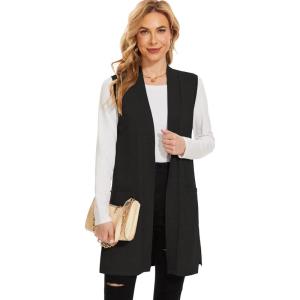 imageMoss Rose Long Vest for Women Sleeveless Lightweight Open Front Cardigans Ribbed Knit Outwear with PocketsBlack