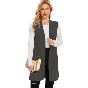 imageMoss Rose Long Vest for Women Sleeveless Lightweight Open Front Cardigans Ribbed Knit Outwear with PocketsDark Grey