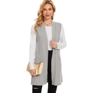 imageMoss Rose Long Vest for Women Sleeveless Lightweight Open Front Cardigans Ribbed Knit Outwear with PocketsGray