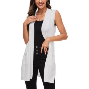 imageMoss Rose Long Vest for Women Sleeveless Lightweight Open Front Cardigans Ribbed Knit Outwear with PocketsIvory
