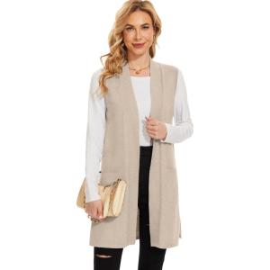imageMoss Rose Long Vest for Women Sleeveless Lightweight Open Front Cardigans Ribbed Knit Outwear with PocketsKhaki