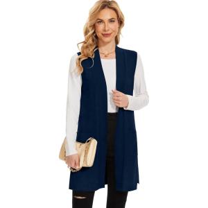 imageMoss Rose Long Vest for Women Sleeveless Lightweight Open Front Cardigans Ribbed Knit Outwear with PocketsNavy