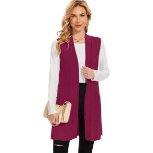 imageMoss Rose Long Vest for Women Sleeveless Lightweight Open Front Cardigans Ribbed Knit Outwear with PocketsWine Red