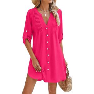 imageMoss Rose Women Beach Cover Ups V Neck Button Down Swimsuit Coverup Swimwear Bathing Suit Cover UpRose Red