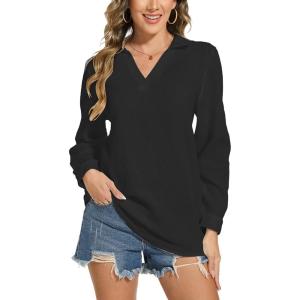 imageMoss Rose Women Cotton Blouses Tops Henley Shirts Long Sleeve V Neck Solid Color Casual TunicBlack